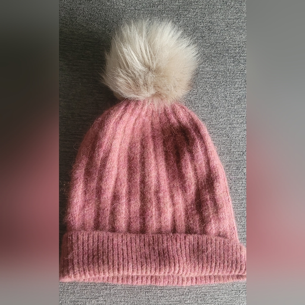 Aritzia Alxiliary Pink Knit Beanie with Fluffy Pom Pom